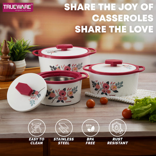 Trueware Floraa Casserole | Set of 3 | 750, 1000 & 1500 ML | Thermoware Casserole