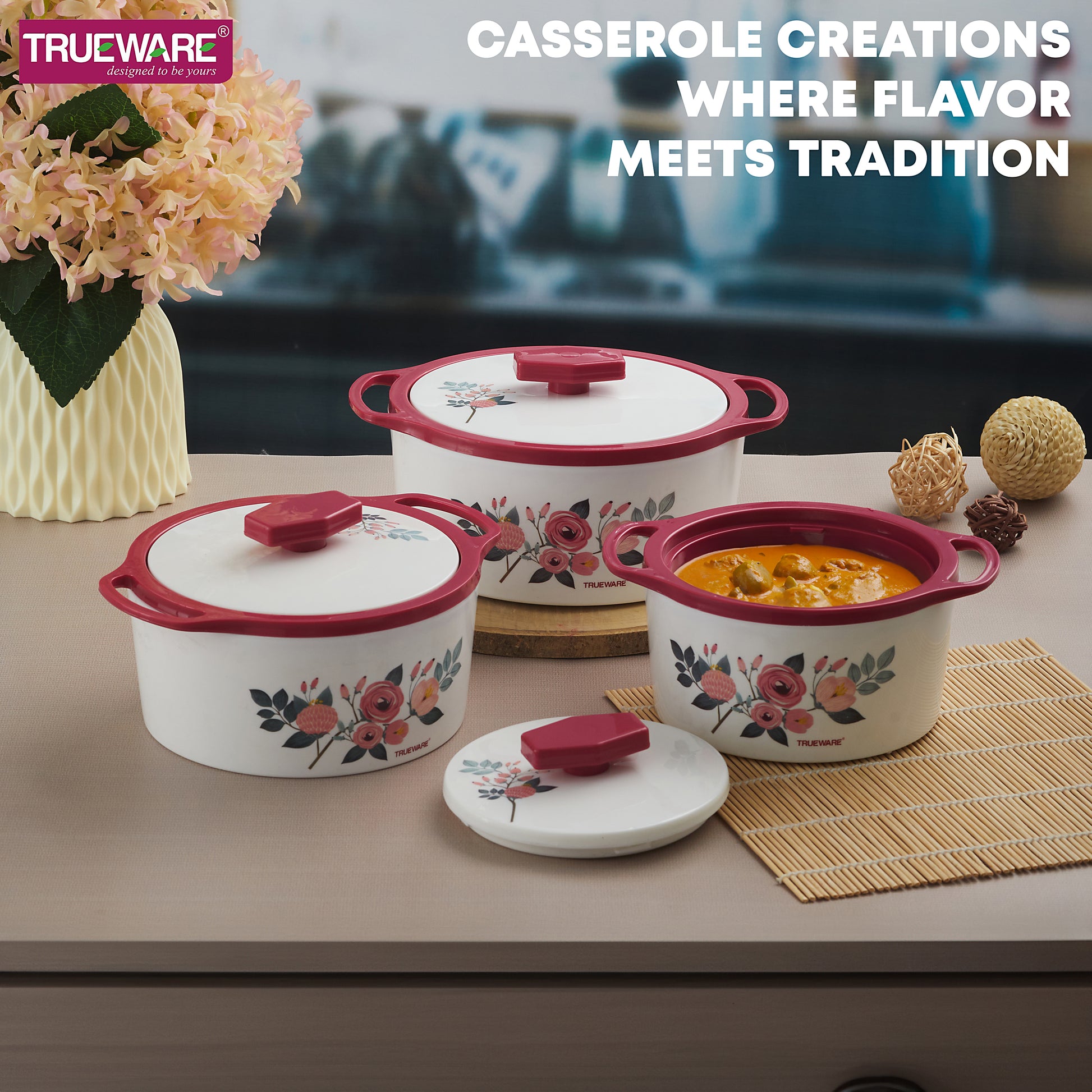 Trueware Floraa Casserole | Set of 3 | 750, 1000 & 1500 ML | Thermoware Casserole