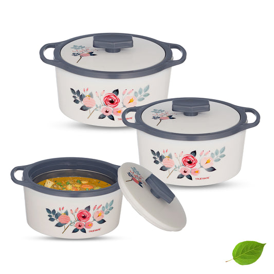 Floraa Casserole | Inner Steel Outer Plastic | Airtight |Set Of 3 | 600, 800 & 1100 Ml