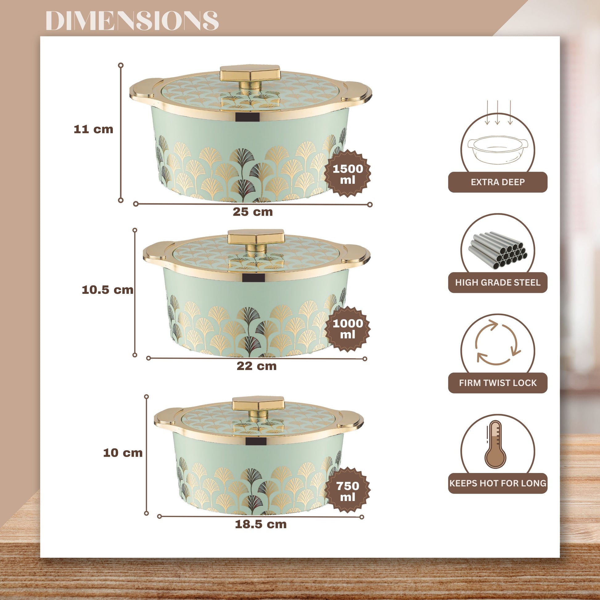 Floraa Fine Inner Steel Casserole Set Of 3, 750,1000 & 1500 Ml Green | Pu Insulated