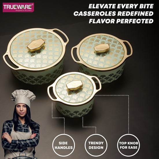 Floraa Fine Inner Steel Casserole Set Of 3, 750,1000 & 1500 Ml Green | Pu Insulated