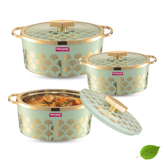 Floraa Fine Inner Steel Casserole Set Of 3, 750,1000 & 1500 Ml Green | Pu Insulated