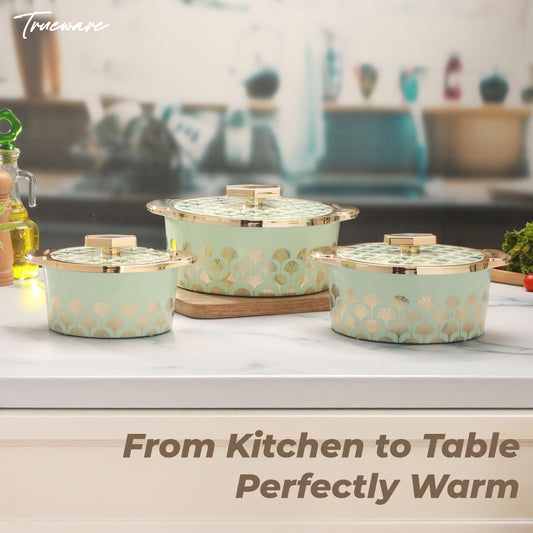 Floraa Fine Inner Steel Casserole Set Of 3, 750,1000 & 1500 Ml Green | Pu Insulated