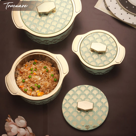 Floraa Fine Inner Steel Casserole Set Of 3, 750,1000 & 1500 Ml Green | Pu Insulated