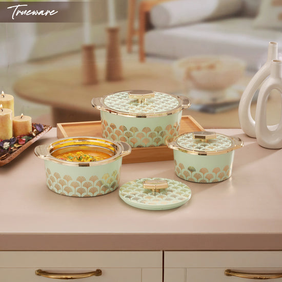 Floraa Fine Inner Steel Casserole Set Of 3, 750,1000 & 1500 Ml Green | Pu Insulated