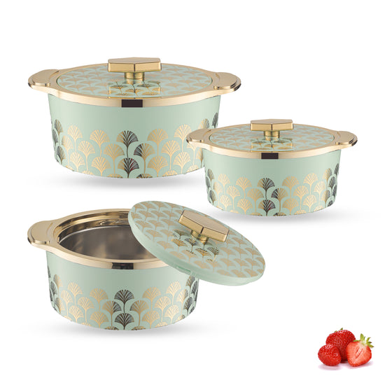 Floraa Fine Inner Steel Casserole Set Of 3, 750,1000 & 1500 Ml Green | Pu Insulated
