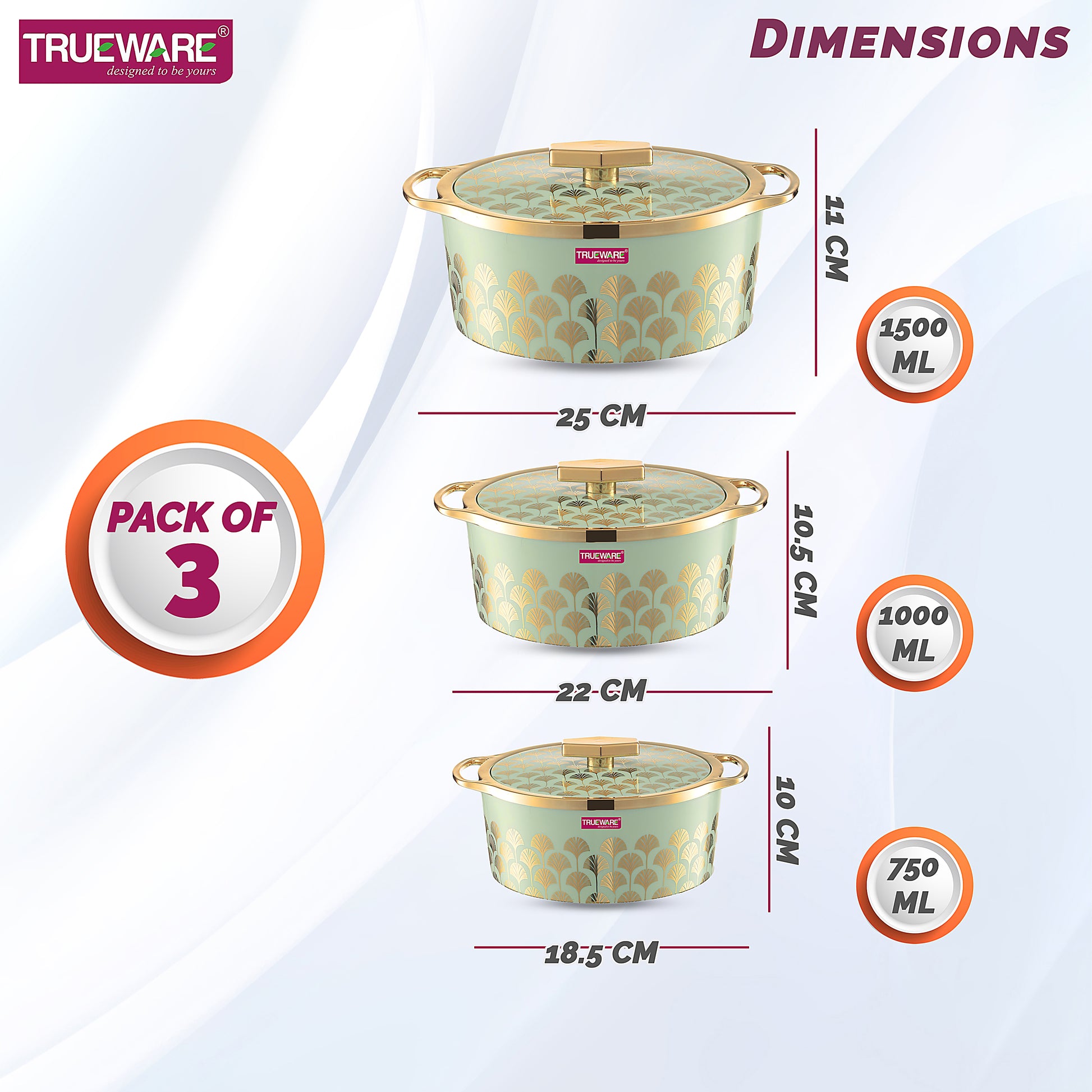 Floraa Fine Inner Steel Casserole Set Of 3, 750,1000 & 1500 Ml Green | Pu Insulated
