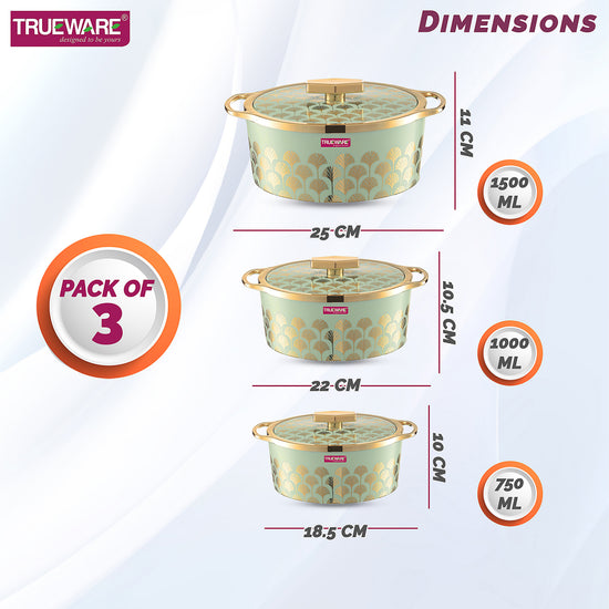 Floraa Fine Inner Steel Casserole Set Of 3, 750,1000 & 1500 Ml Green | Pu Insulated