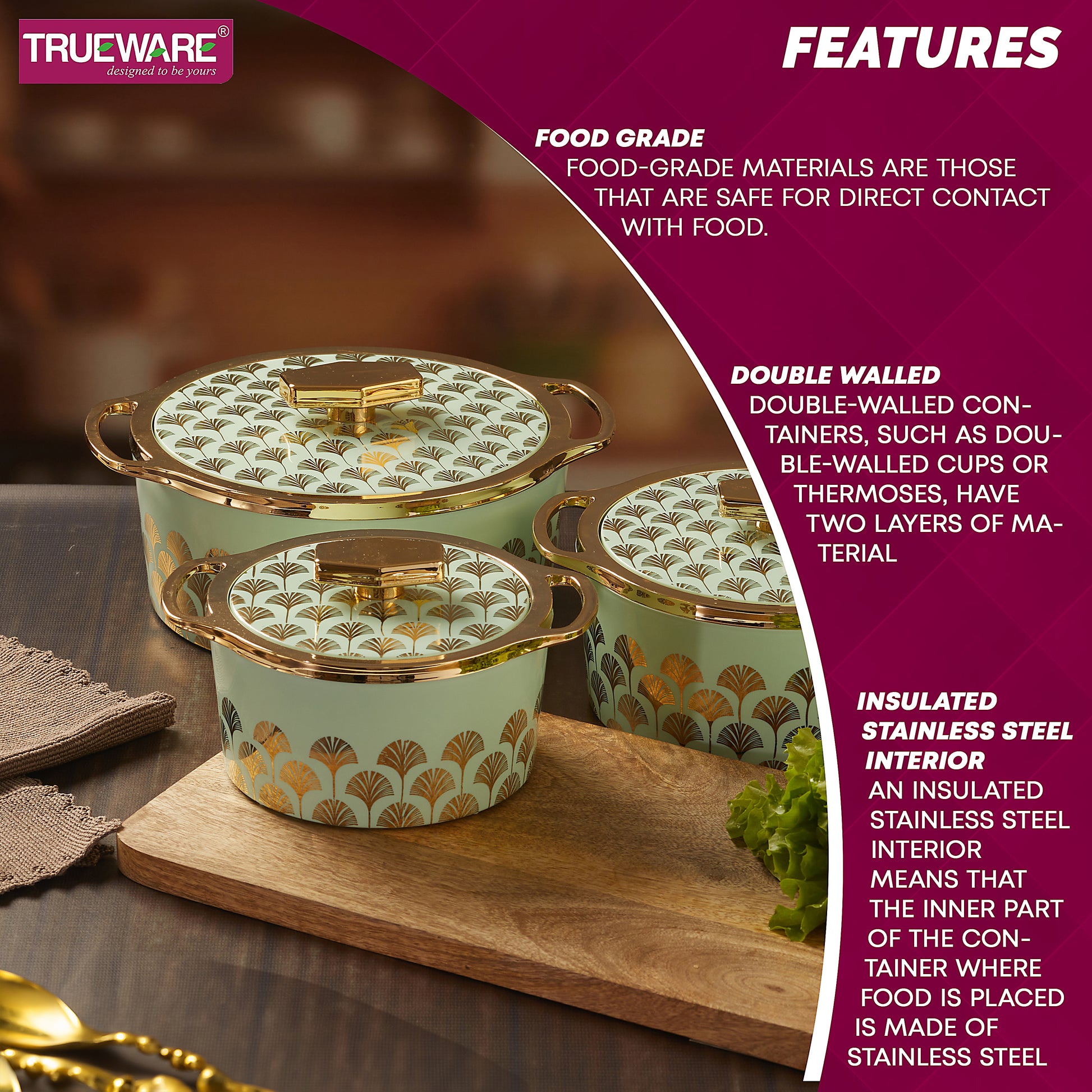 Floraa Fine Inner Steel Casserole Set Of 3, 750,1000 & 1500 Ml Green | Pu Insulated