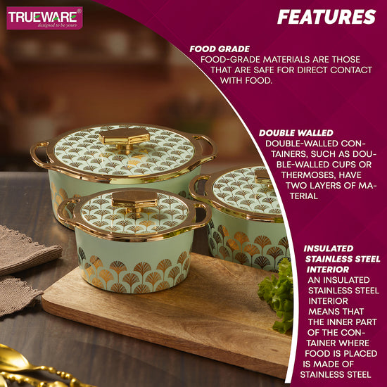 Floraa Fine Inner Steel Casserole Set Of 3, 750,1000 & 1500 Ml Green | Pu Insulated