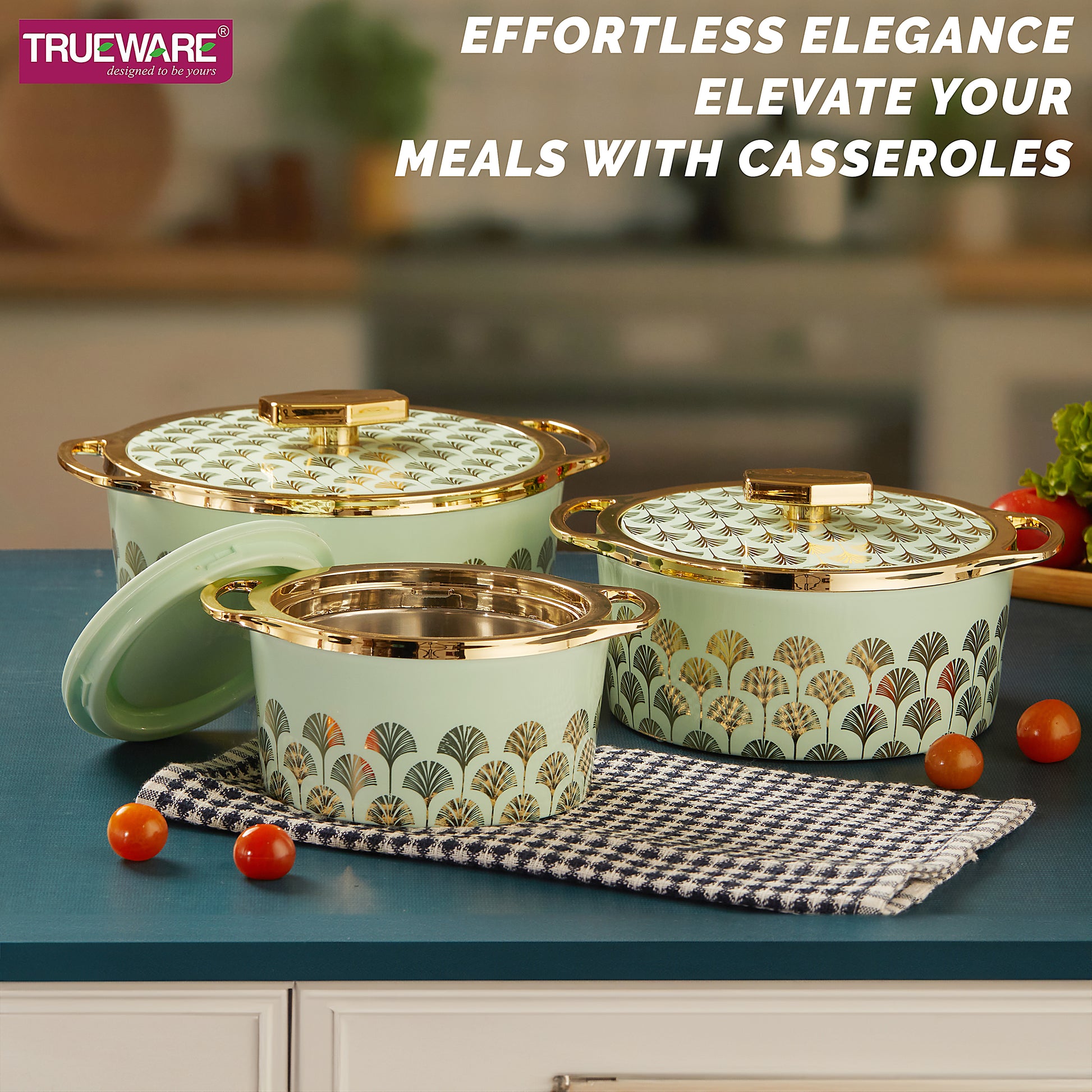 Floraa Fine Inner Steel Casserole Set Of 3, 750,1000 & 1500 Ml Green | Pu Insulated