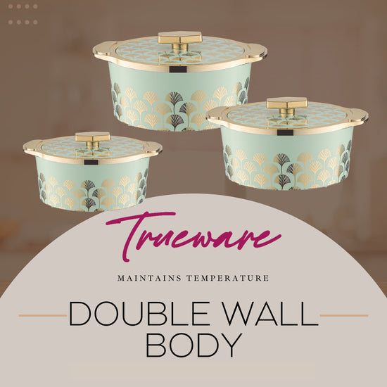 Floraa Fine Inner Steel Casserole Set Of 3, 750,1000 & 1500 Ml Green | Pu Insulated