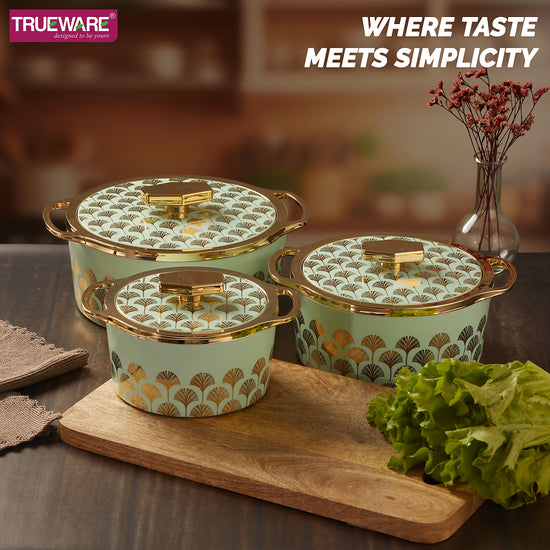 Floraa Fine Inner Steel Casserole Set Of 3, 750,1000 & 1500 Ml Green | Pu Insulated
