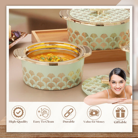Floraa Fine Inner Steel Casserole Set Of 3, 750,1000 & 1500 Ml Green | Pu Insulated