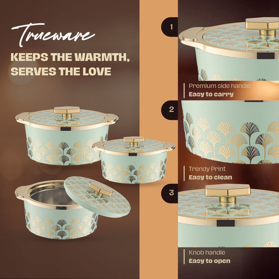 Floraa Fine Inner Steel Casserole Set Of 3, 750,1000 & 1500 Ml Green | Pu Insulated