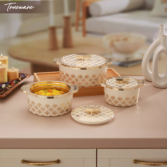 Floraa Fine Inner Steel Casserole Set Of 3, 750,1000 & 1500 Ml Green | Pu Insulated