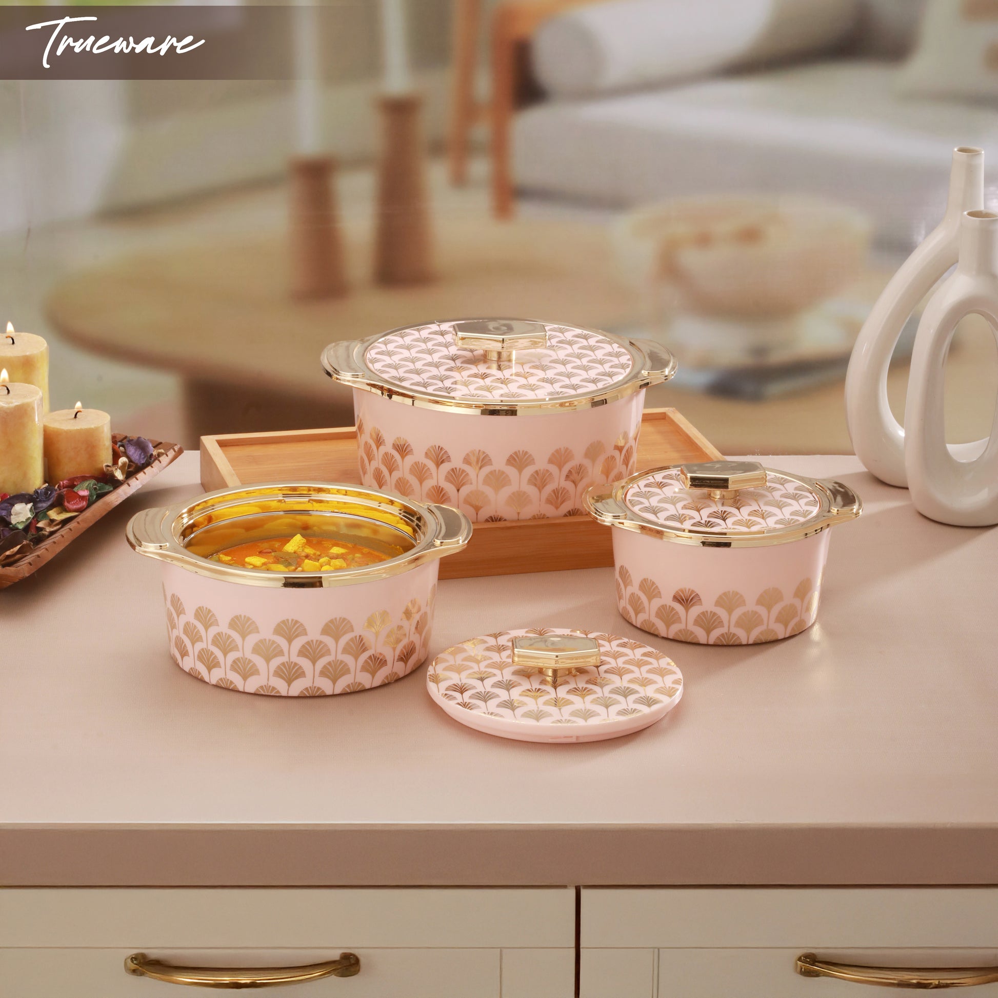 Floraa Fine Inner Steel Casserole Set Of 3, 750,1000 & 1500 Ml Green | Pu Insulated