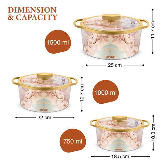 Floraa Superior Inner Steel Outer Plastic Thermoware Casserole Set Of 3 | 750 Ml, 1000 Ml, 1500 Ml