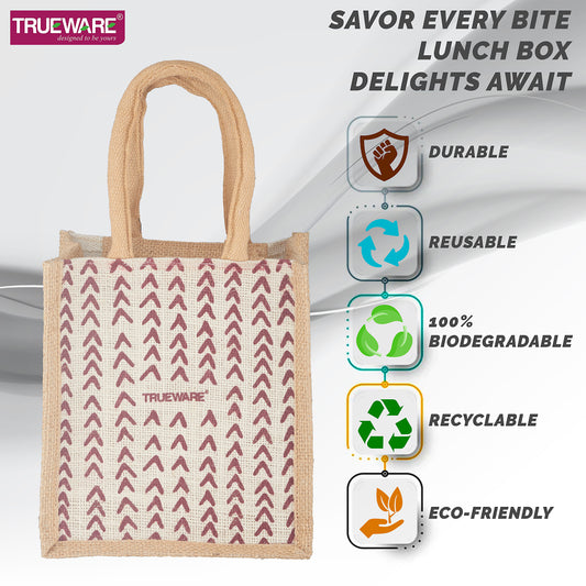 Trueware Eco Ruff Tuff Jute Bag Lunch Box with 2 Stainless Steel Container 300 ML Each, 1 Stainless Steel Contianer 500 ML & 500 ML