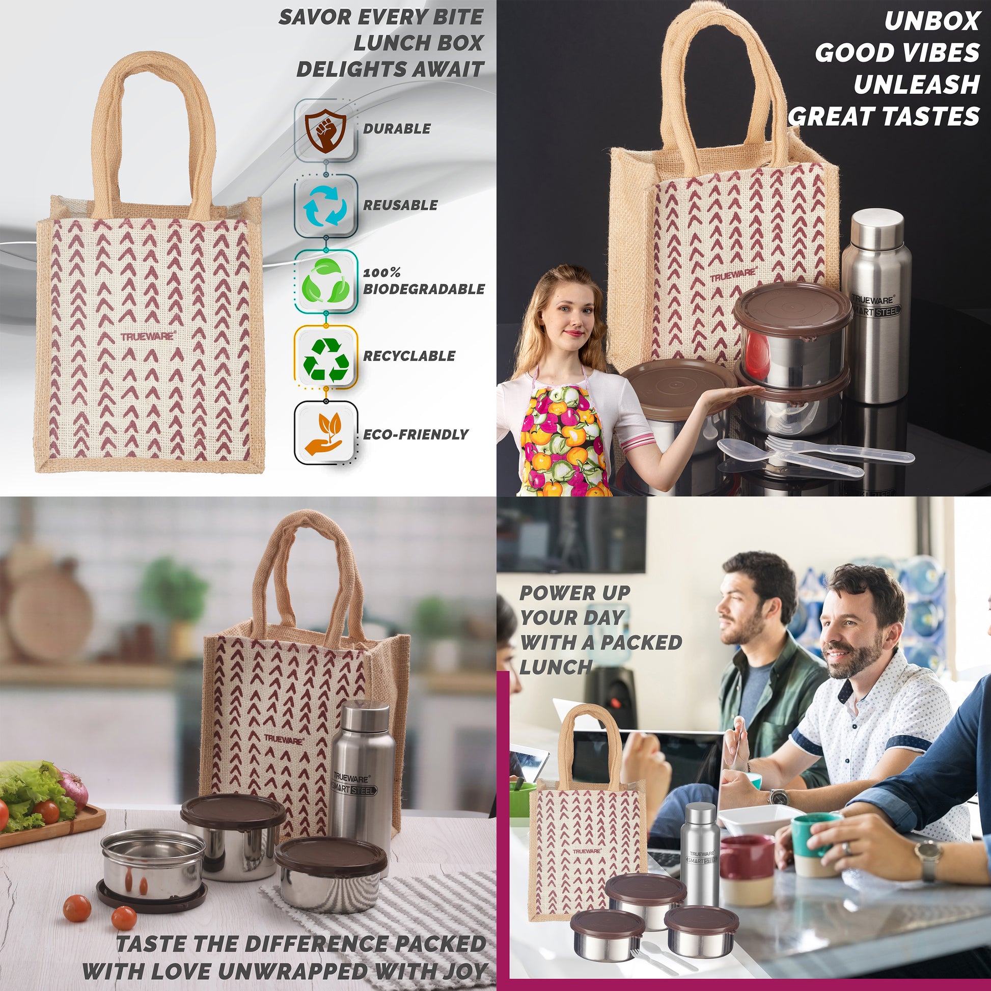 Trueware Eco Ruff Tuff Jute Bag Lunch Box with 2 Stainless Steel Container 300 ML Each, 1 Stainless Steel Contianer 500 ML & 500 ML
