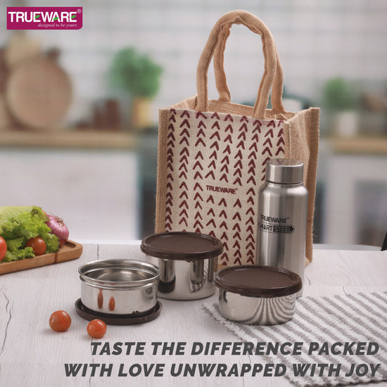 Trueware Eco Ruff Tuff Jute Bag Lunch Box with 2 Stainless Steel Container 300 ML Each, 1 Stainless Steel Contianer 500 ML & 500 ML