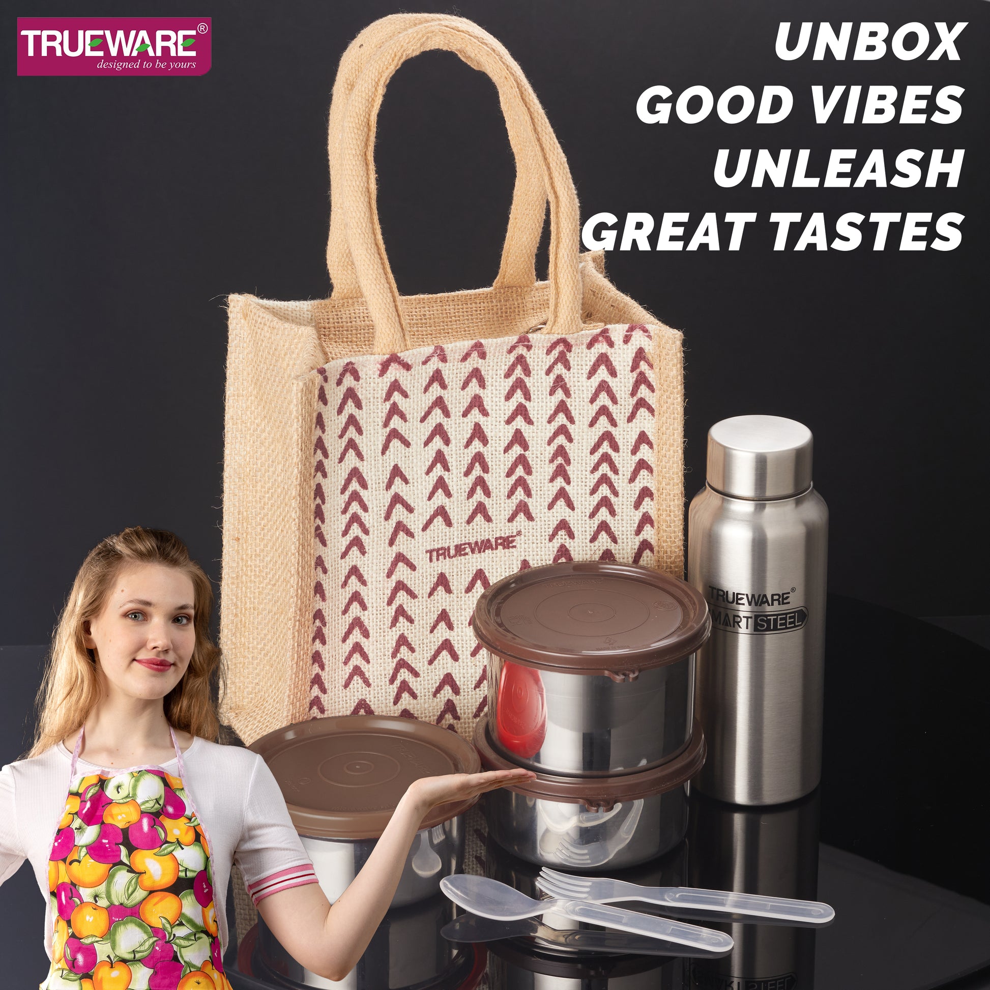 Trueware Eco Ruff Tuff Jute Bag Lunch Box with 2 Stainless Steel Container 300 ML Each, 1 Stainless Steel Contianer 500 ML & 500 ML