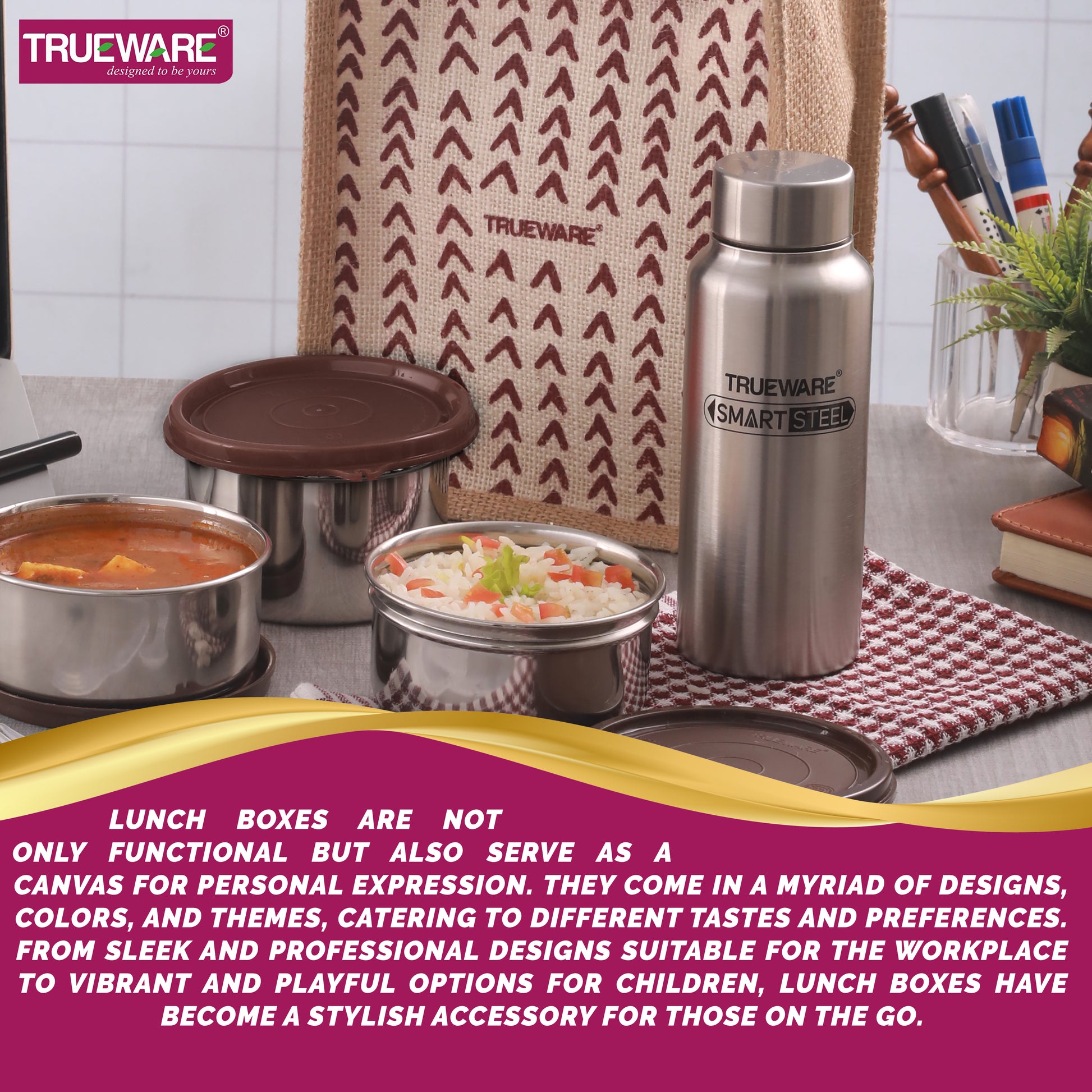 Trueware Eco Ruff Tuff Jute Bag Lunch Box with 2 Stainless Steel Container 300 ML Each, 1 Stainless Steel Contianer 500 ML & 500 ML