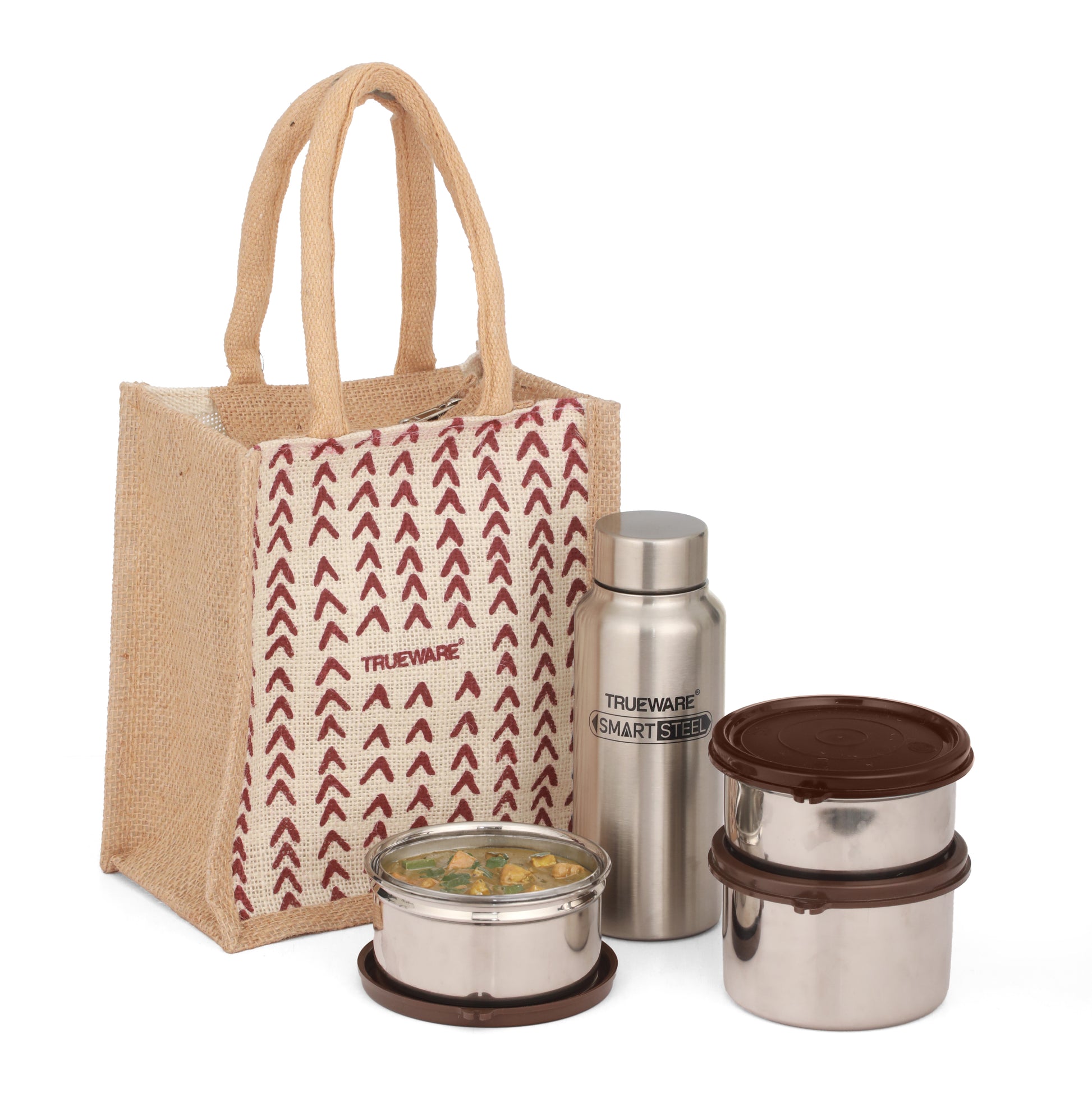 Trueware Eco Ruff Tuff Jute Bag Lunch Box with 2 Stainless Steel Container 300 ML Each, 1 Stainless Steel Contianer 500 ML & 500 ML