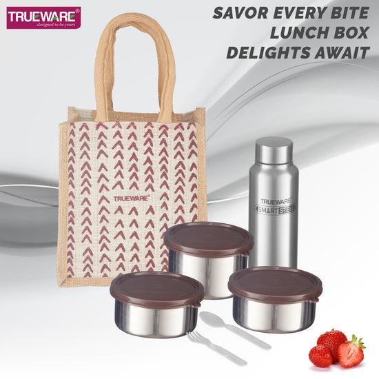 Trueware Eco Ruff Tuff Jute Bag Lunch Box with 2 Stainless Steel Container 300 ML Each, 1 Stainless Steel Contianer 500 ML & 500 ML