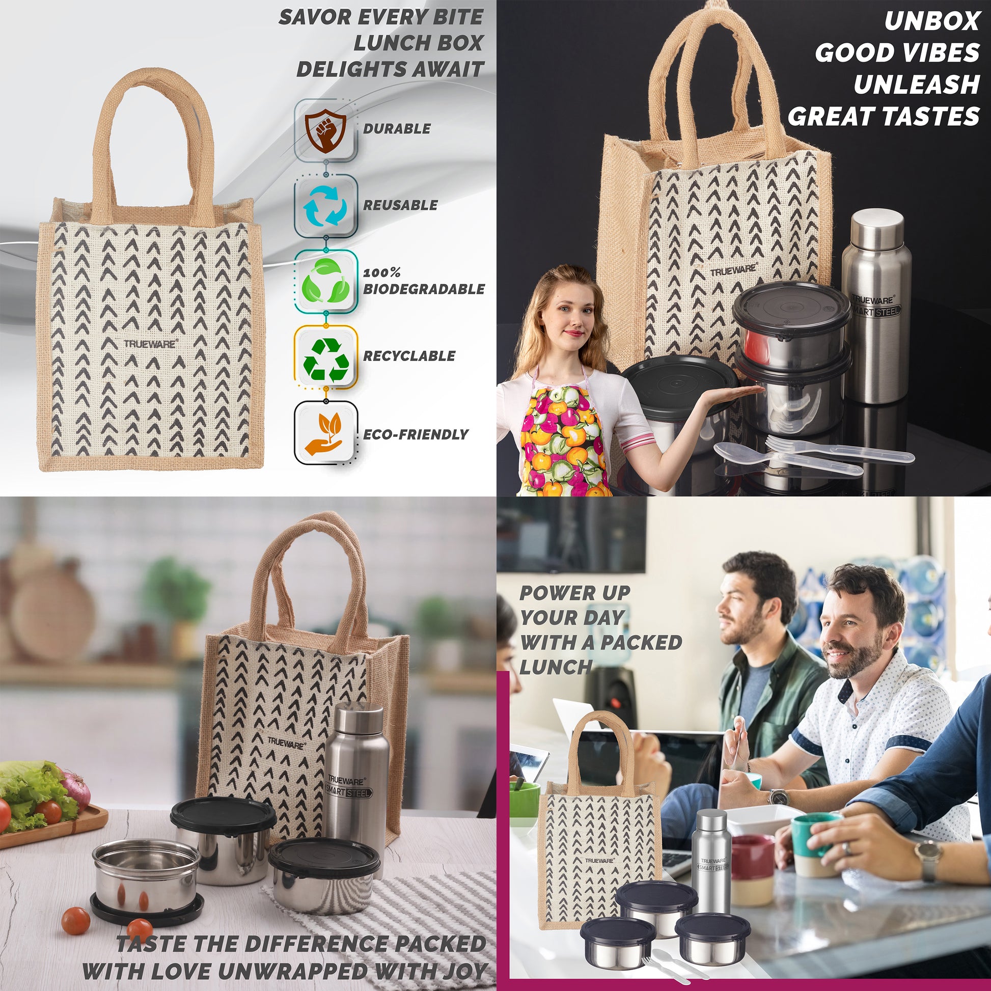 Trueware Eco Ruff Tuff Jute Bag Lunch Box with 2 Stainless Steel Container 300 ML Each, 1 Stainless Steel Contianer 500 ML & 500 ML