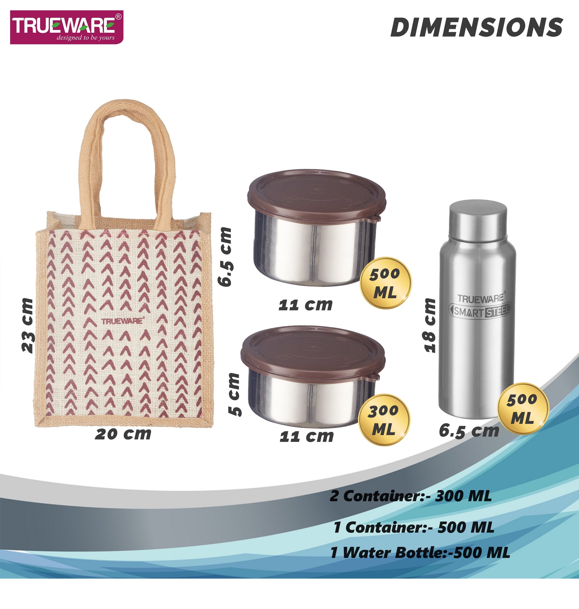 Trueware Eco Ruff Tuff Jute Bag Lunch Box with 2 Stainless Steel Container 300 ML Each, 1 Stainless Steel Contianer 500 ML & 500 ML