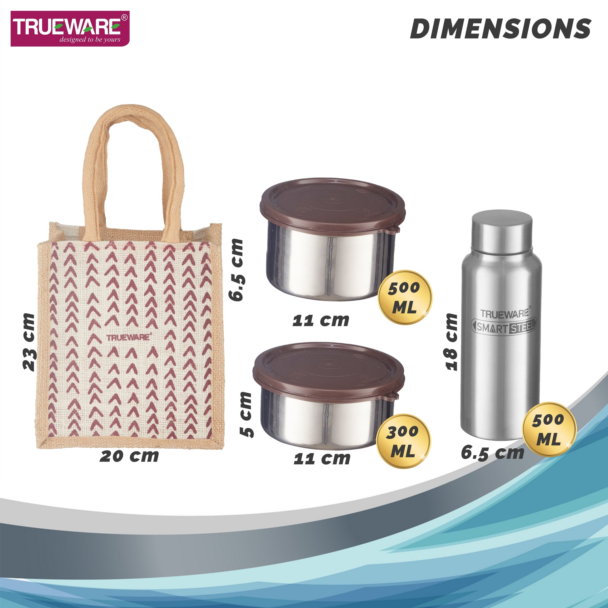 Trueware Eco Ruff Tuff Jute Bag Lunch Box with 2 Stainless Steel Container 300 ML Each, 1 Stainless Steel Contianer 500 ML & 500 ML