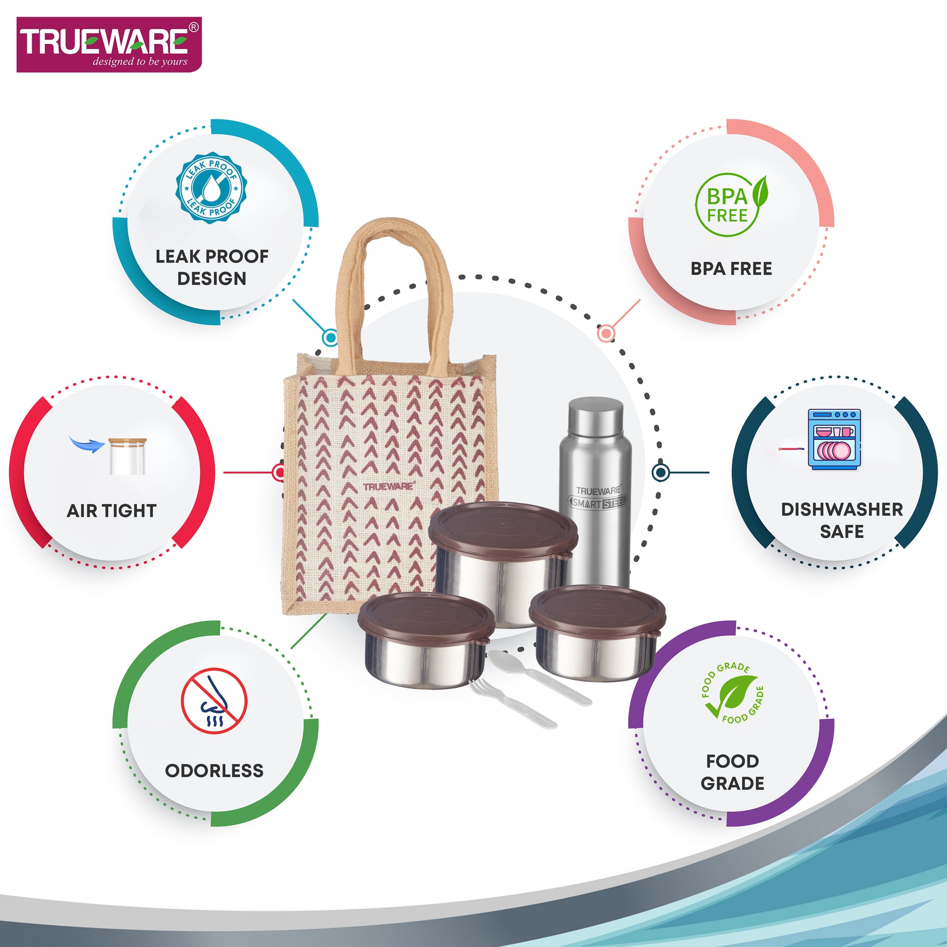 Trueware Eco Ruff Tuff Jute Bag Lunch Box with 2 Stainless Steel Container 300 ML Each, 1 Stainless Steel Contianer 500 ML & 500 ML