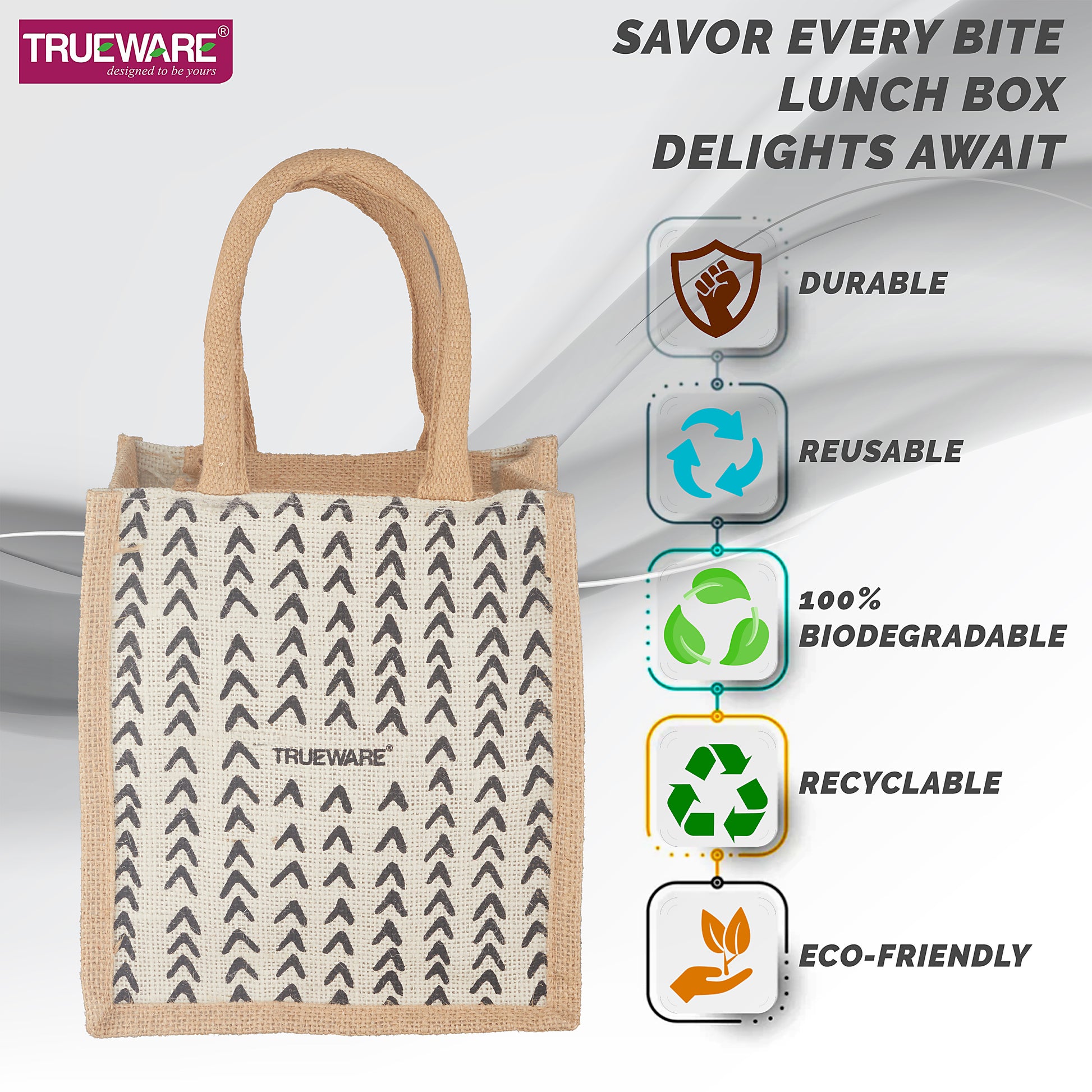 Trueware Eco Ruff Tuff Jute Bag Lunch Box with 2 Stainless Steel Container 300 ML Each, 1 Stainless Steel Contianer 500 ML & 500 ML