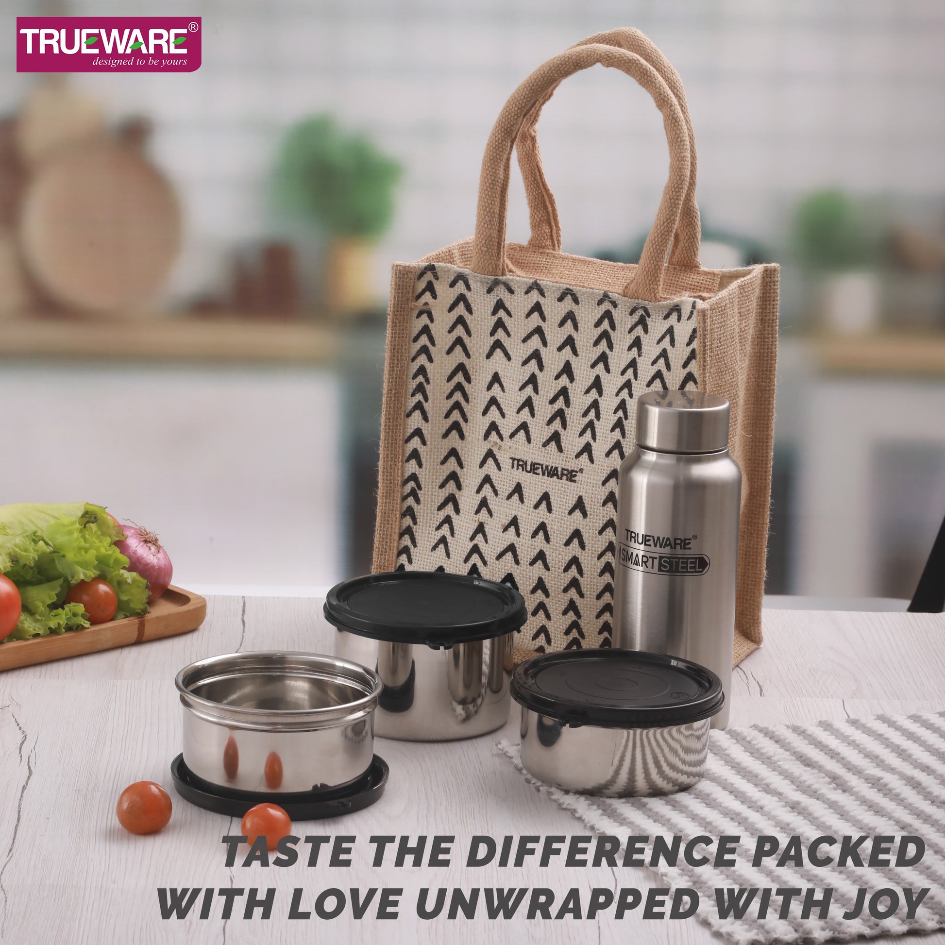 Trueware Eco Ruff Tuff Jute Bag Lunch Box with 2 Stainless Steel Container 300 ML Each, 1 Stainless Steel Contianer 500 ML & 500 ML