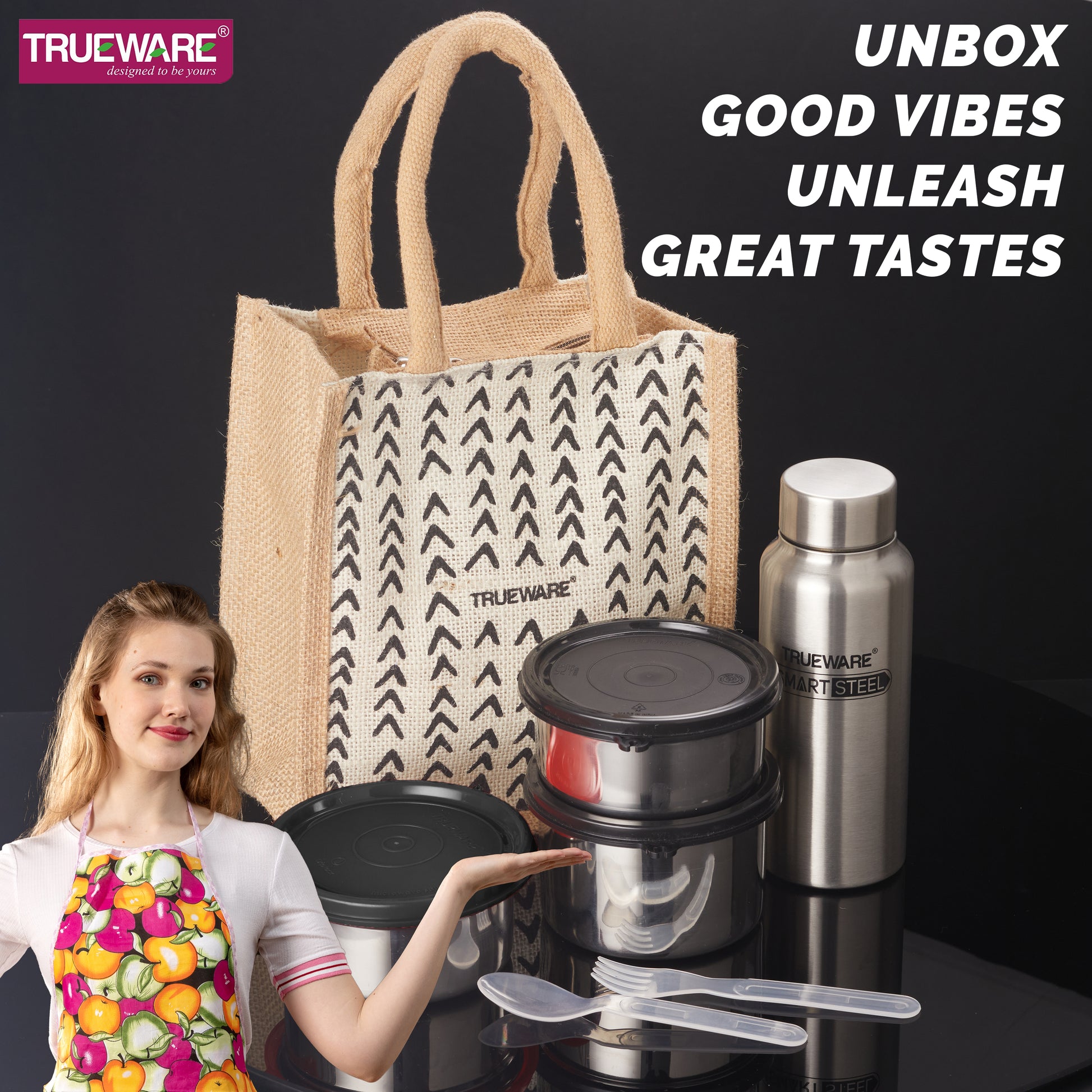 Trueware Eco Ruff Tuff Jute Bag Lunch Box with 2 Stainless Steel Container 300 ML Each, 1 Stainless Steel Contianer 500 ML & 500 ML