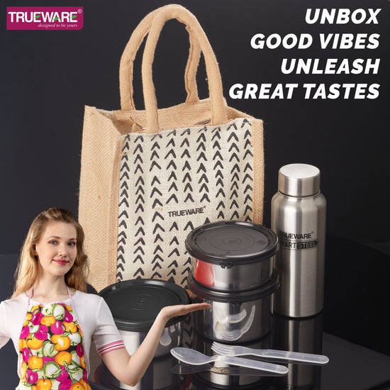 Trueware Eco Ruff Tuff Jute Bag Lunch Box with 2 Stainless Steel Container 300 ML Each, 1 Stainless Steel Contianer 500 ML & 500 ML