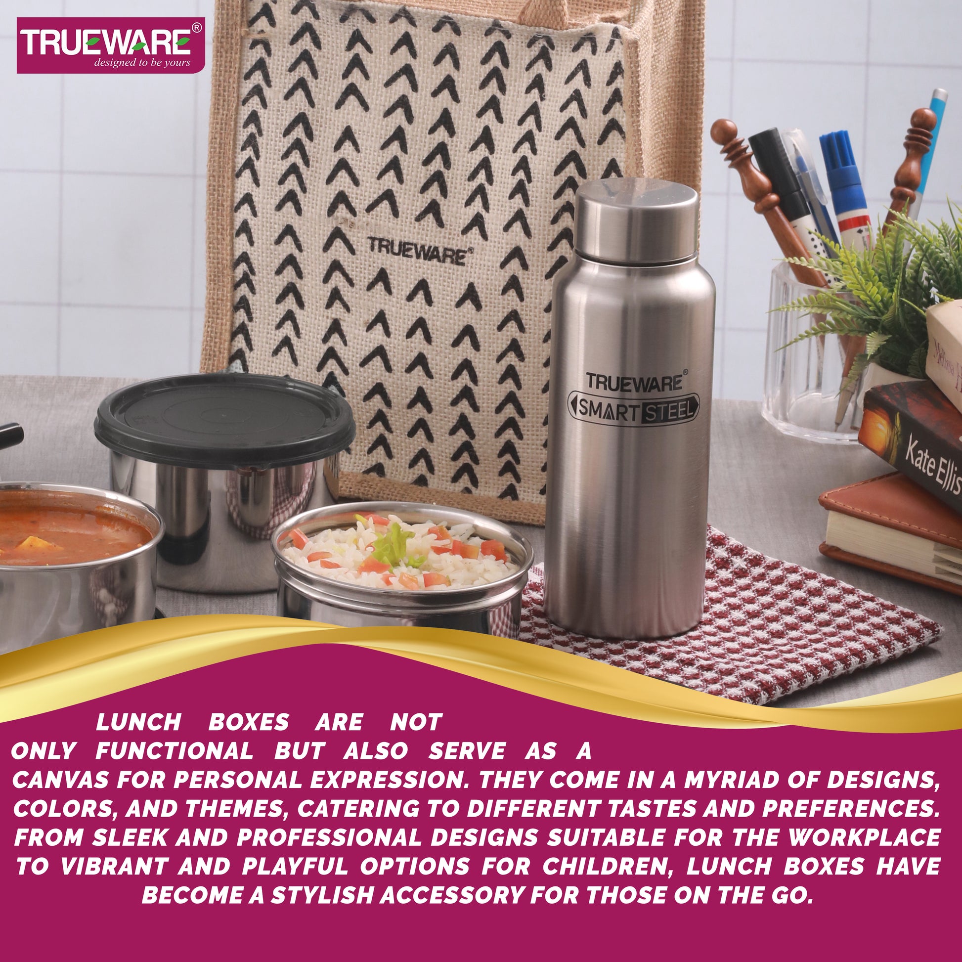 Trueware Eco Ruff Tuff Jute Bag Lunch Box with 2 Stainless Steel Container 300 ML Each, 1 Stainless Steel Contianer 500 ML & 500 ML