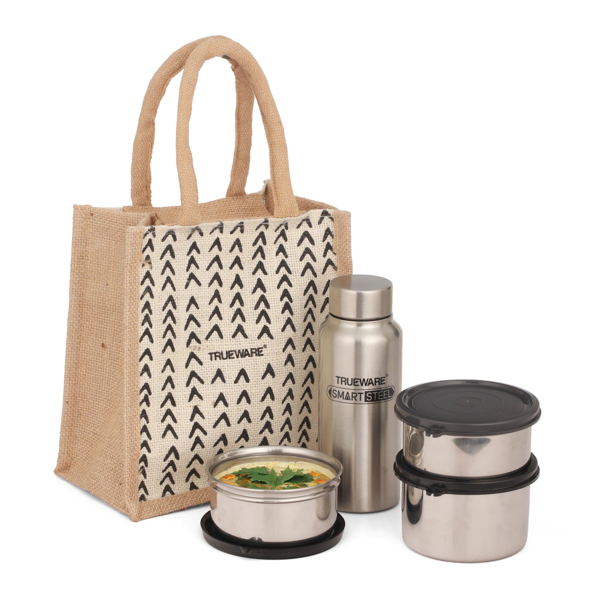 Trueware Eco Ruff Tuff Jute Bag Lunch Box with 2 Stainless Steel Container 300 ML Each, 1 Stainless Steel Contianer 500 ML & 500 ML