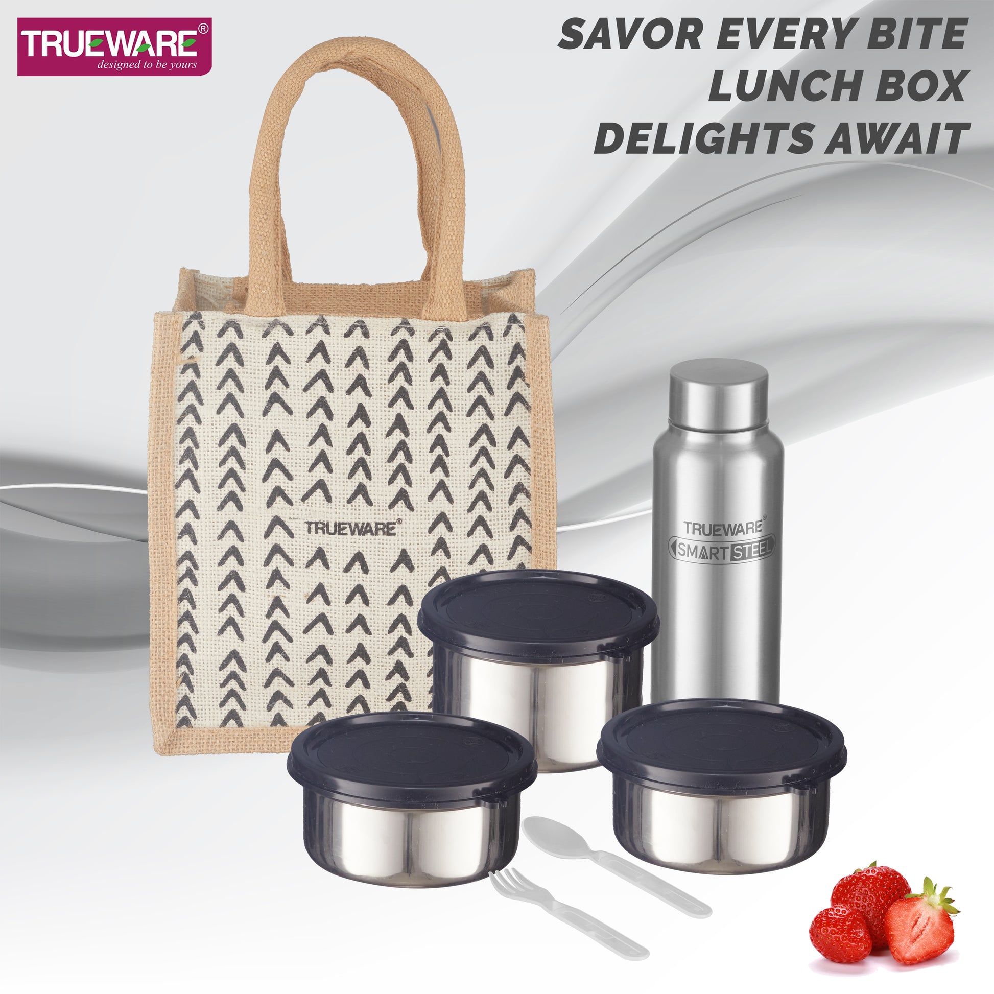Trueware Eco Ruff Tuff Jute Bag Lunch Box with 2 Stainless Steel Container 300 ML Each, 1 Stainless Steel Contianer 500 ML & 500 ML