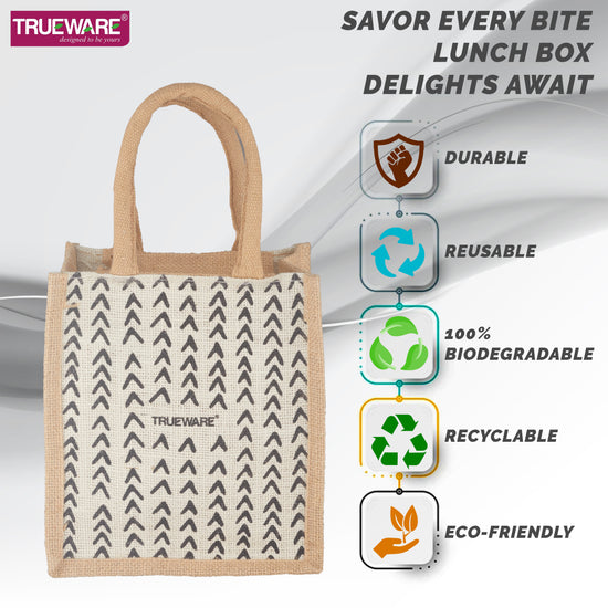 Trueware Eco Ruff Tuff Jute Bag Lunch Box with 2 Stainless Steel Container 300 ML Each, 1 Stainless Steel Contianer 500 ML & 500 ML
