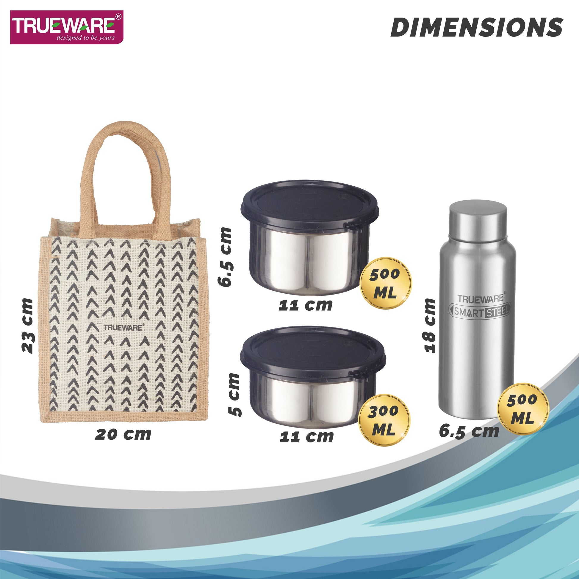 Trueware Eco Ruff Tuff Jute Bag Lunch Box with 2 Stainless Steel Container 300 ML Each, 1 Stainless Steel Contianer 500 ML & 500 ML