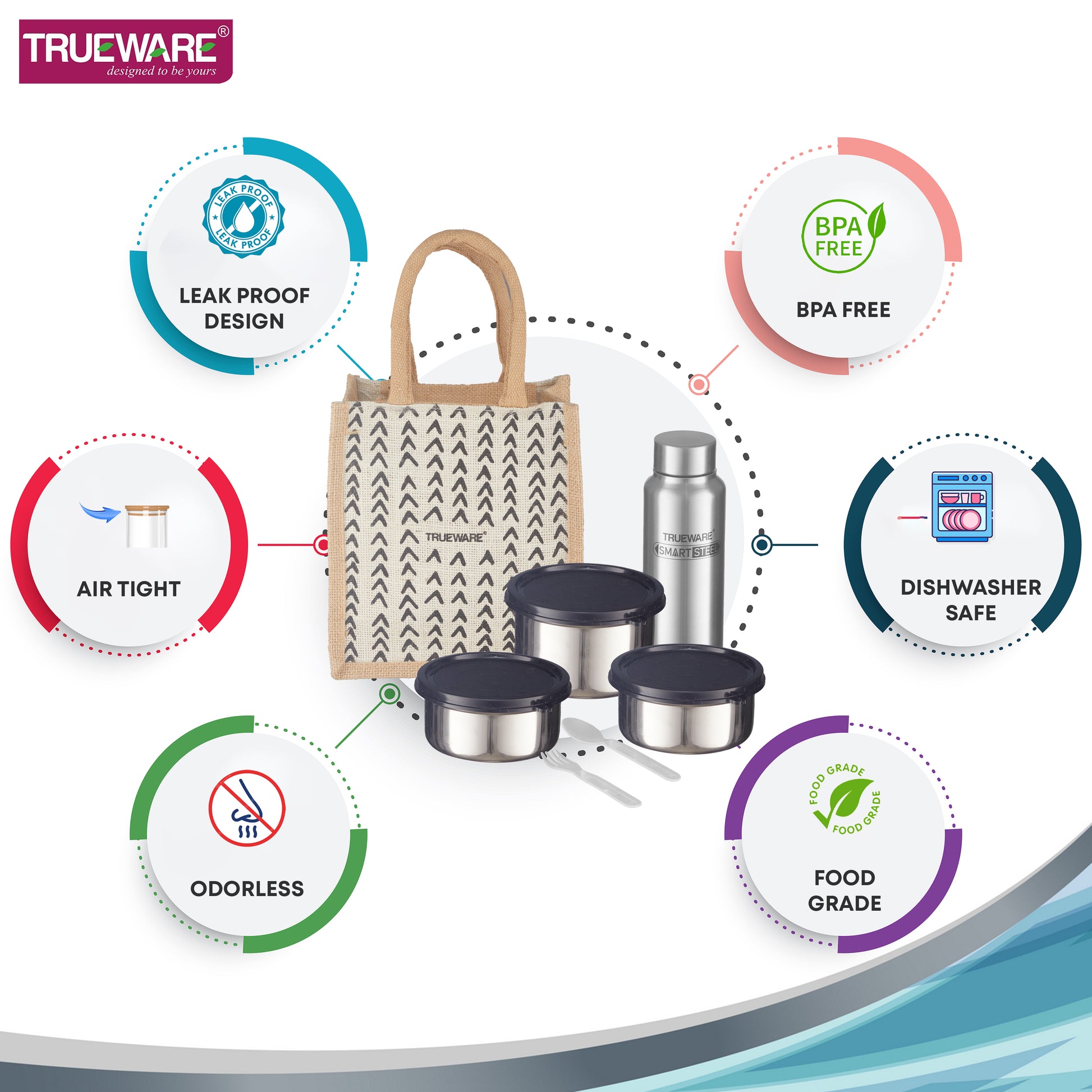 Trueware Eco Ruff Tuff Jute Bag Lunch Box with 2 Stainless Steel Container 300 ML Each, 1 Stainless Steel Contianer 500 ML & 500 ML