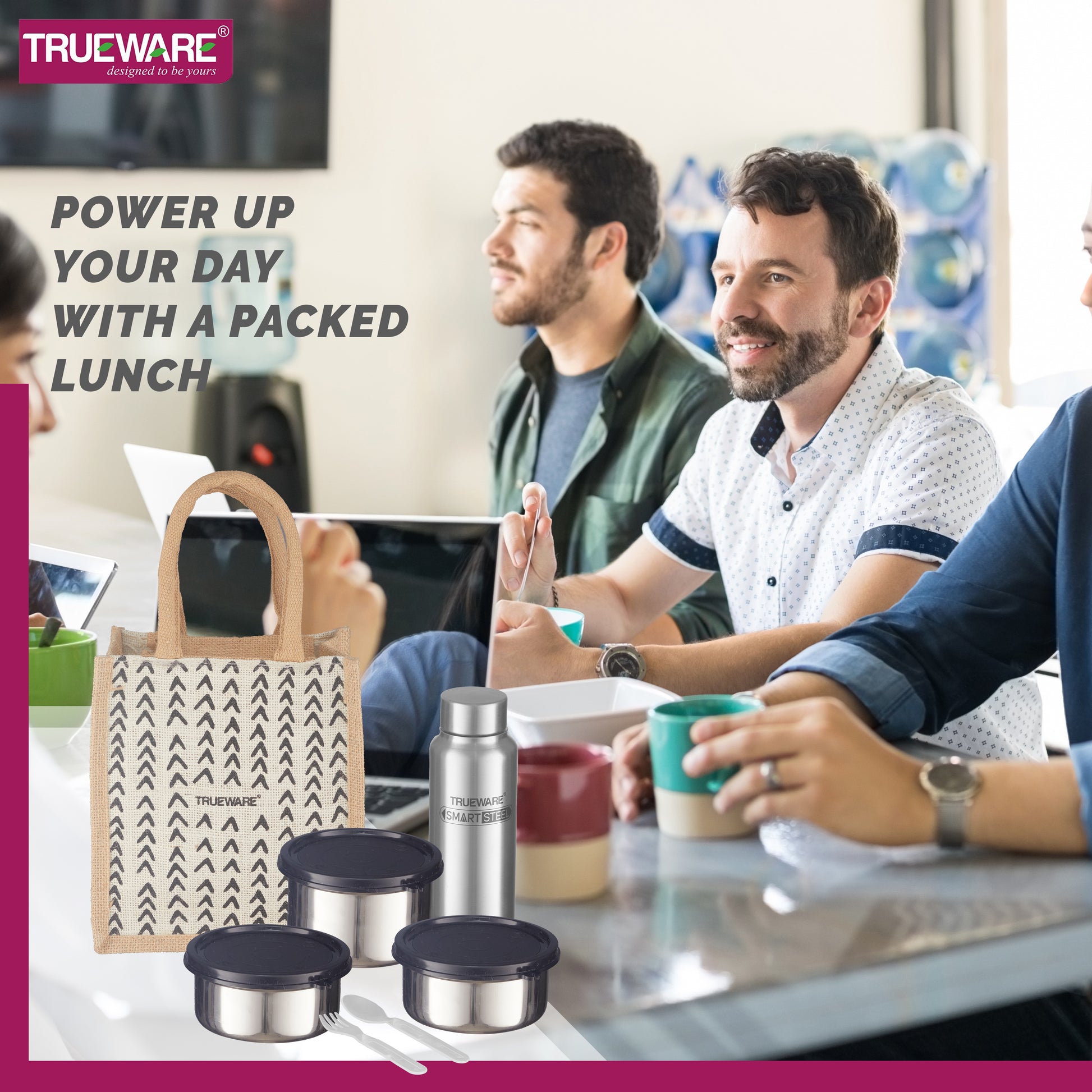 Trueware Eco Ruff Tuff Jute Bag Lunch Box with 2 Stainless Steel Container 300 ML Each, 1 Stainless Steel Contianer 500 ML & 500 ML