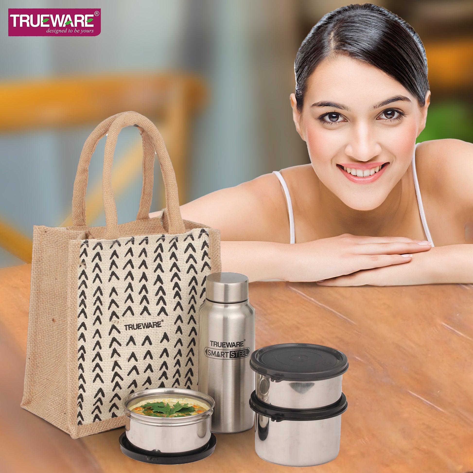 Trueware Eco Ruff Tuff Jute Bag Lunch Box with 2 Stainless Steel Container 300 ML Each, 1 Stainless Steel Contianer 500 ML & 500 ML