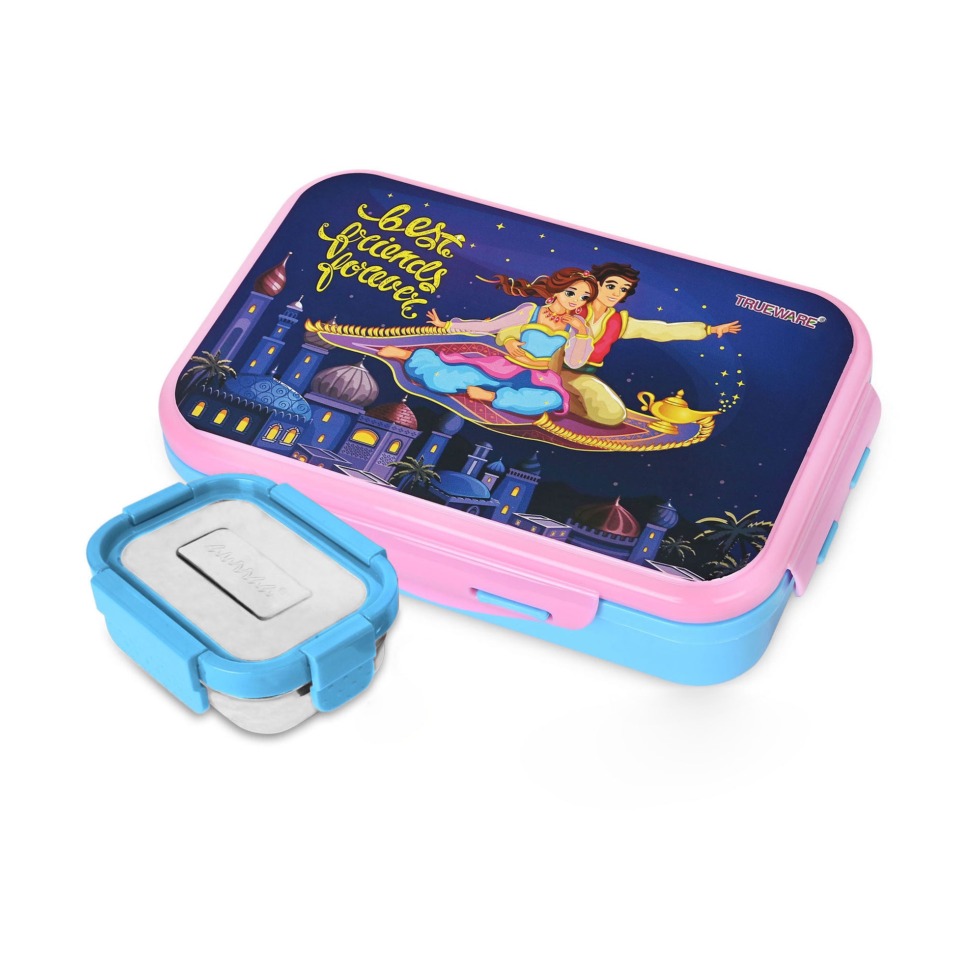Trueware Flip Lunch Box Inner Steel Outer Plastic Big Container 900ml & Veggie Container 150ml