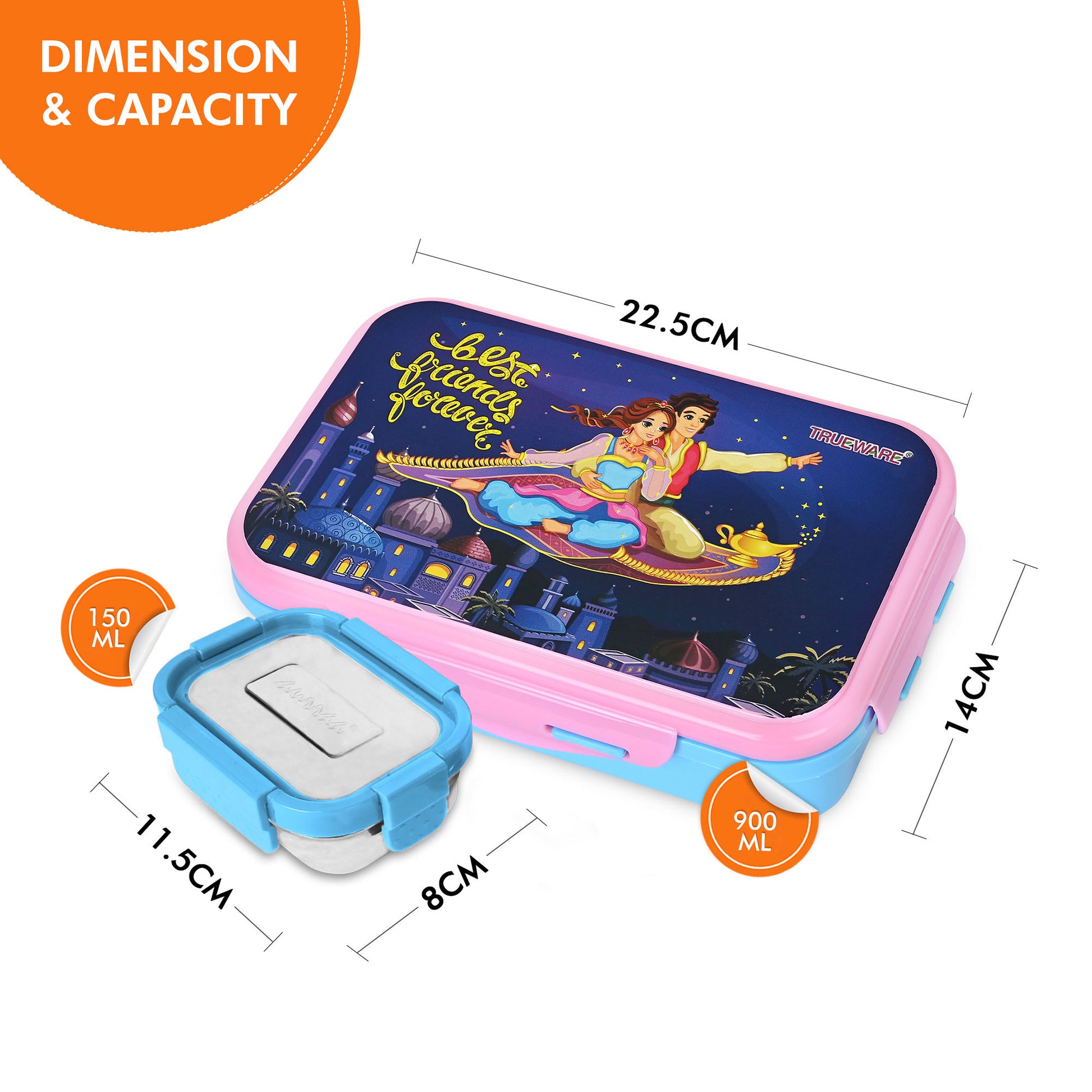Trueware Flip Lunch Box Inner Steel Outer Plastic Big Container 900ml & Veggie Container 150ml