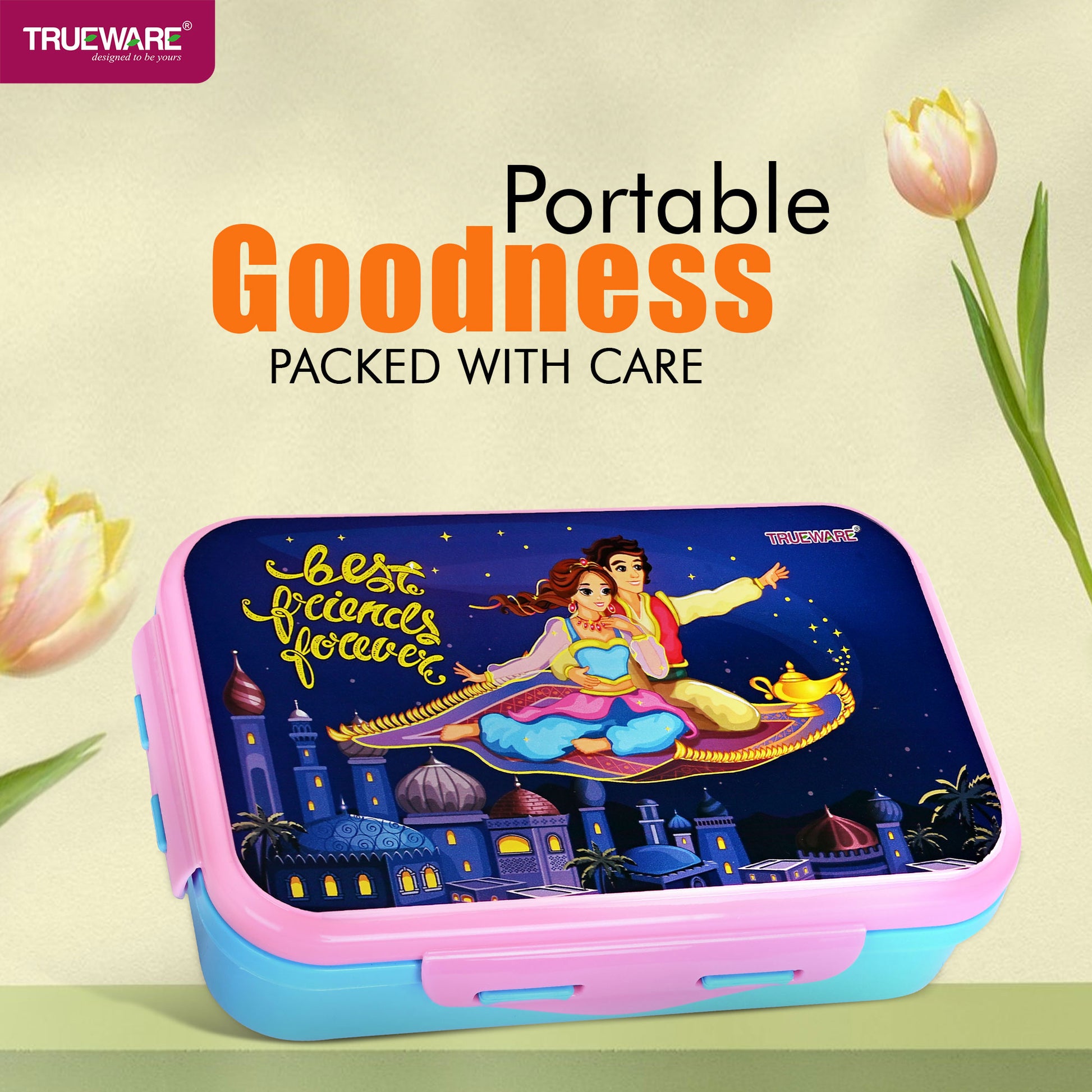 Trueware Flip Lunch Box Inner Steel Outer Plastic Big Container 900ml & Veggie Container 150ml