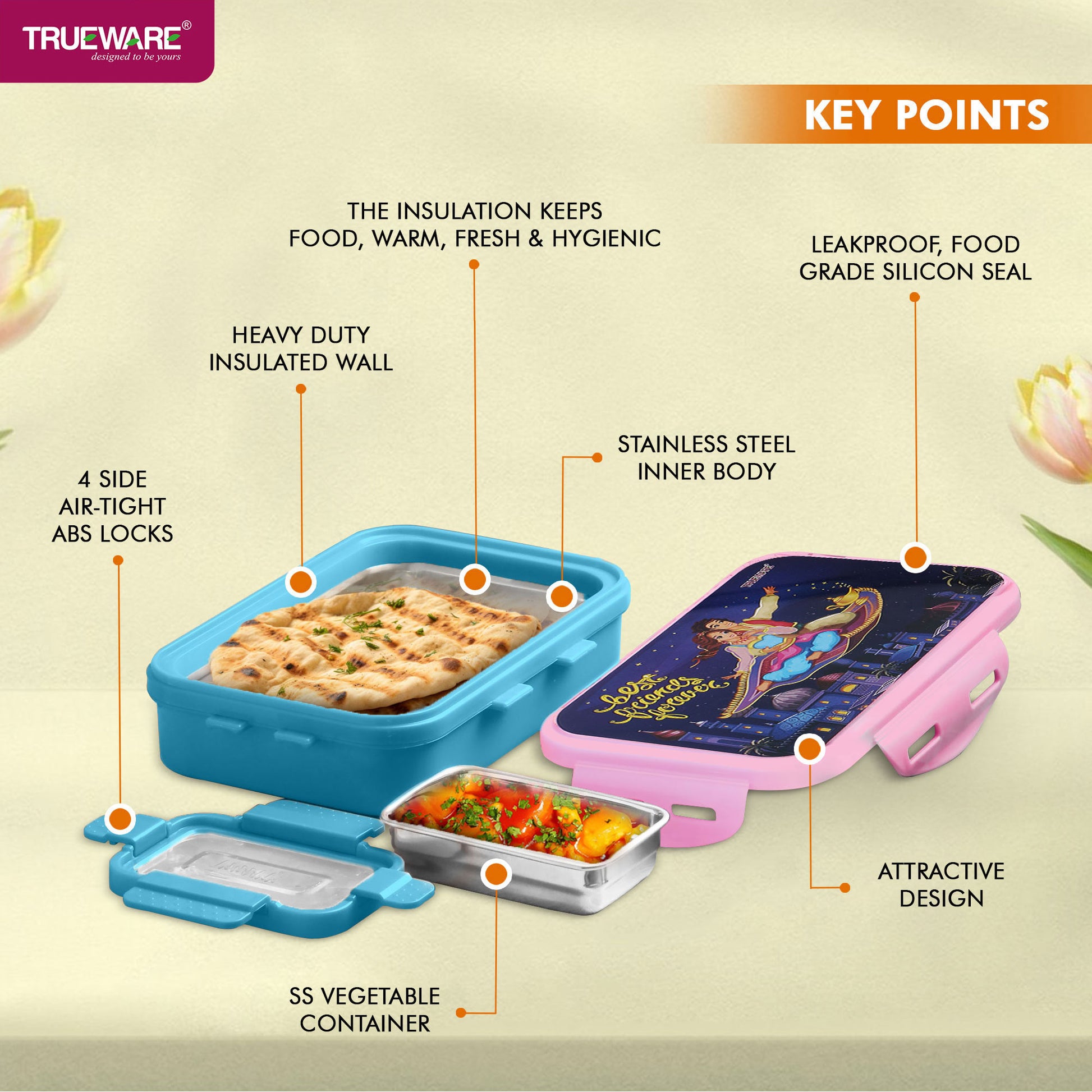 Trueware Flip Lunch Box Inner Steel Outer Plastic Big Container 900ml & Veggie Container 150ml