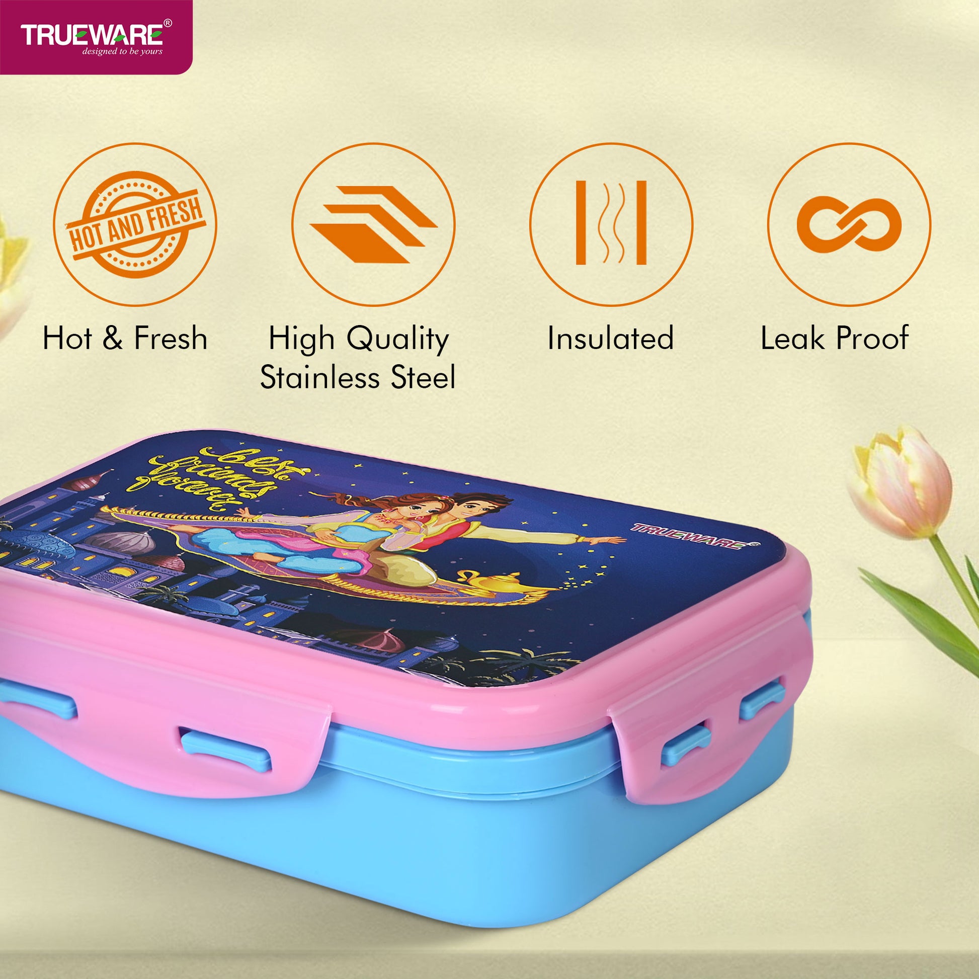 Trueware Flip Lunch Box Inner Steel Outer Plastic Big Container 900ml & Veggie Container 150ml